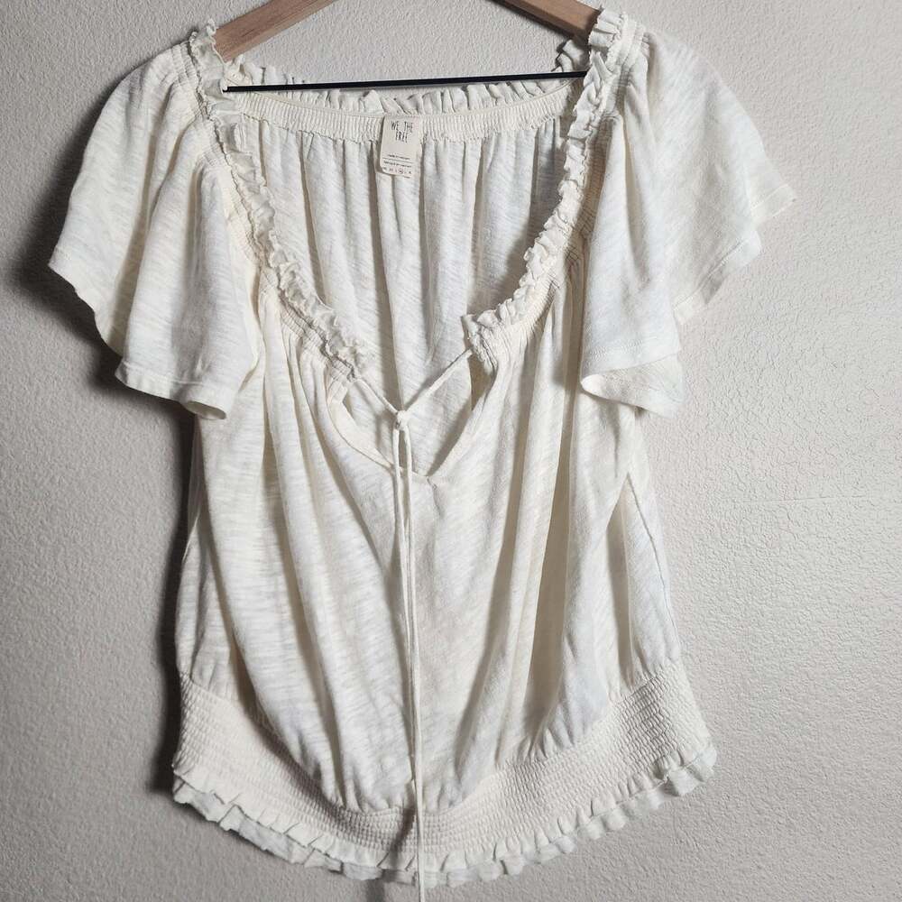 We The Free Blouse Womens Medium White Flutter Sleeve Ruffle Tassel Boho Top